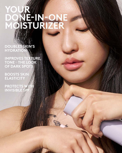 Woman applying moisturizer to her arm with product details on skin benefits.