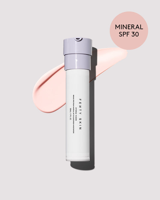 Refillable mineral SPF 30 moisturizer bottle with a pump.